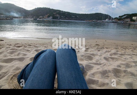 Ruhigen Strand Szene, Port de Soller, Mallorca, Spanien Stockfoto