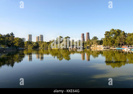 Blick auf den See und den Wolkenkratzern im Chapultepec Park Stockfoto
