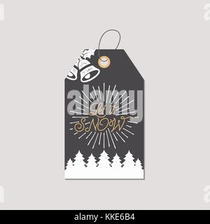 Frohe Weihnachten und neues Jahr Geschenkanhänger. Urlaub-Konzept mit Xmas-Tree, Glocken. Lassen Sie es schneien Zitat unterzeichnen. retro Farben pallete. Vektor Illustration auf weißem Hintergrund Stock Vektor