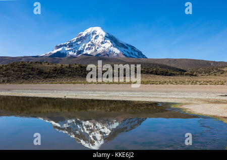 Sajama Vulkan und See Huayñacota, in der natürliche Park Sajama. Bolivien Stockfoto