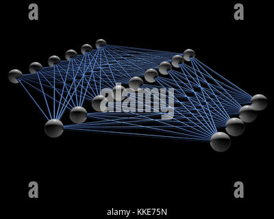 Künstliche neuronale Netzwerk Struktur Modell auf schwarz, 3D-Rendering Illustration isoliert Stockfoto