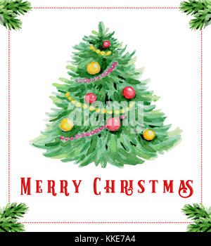 Hand gezeichnet watercolor Weihnachten Grußkarte. Grüne Tanne und Dekorationen auf weißem Hintergrund Stockfoto