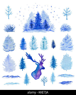 Der blaue Hand gezeichnet watercolor Weihnachten Design Elemente auf einem weißen Hintergrund. Stockfoto