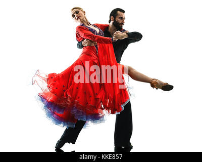 ein kaukasischer Mann und Frau paar Ballsaal Tango Salsa Tänzer tanzen im Studio Silhouette isoliert auf weißem Hintergrund Stockfoto