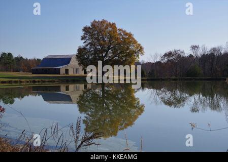 Haw River im Herbst mit Bäumen im Fluss spiegeln Stockfoto