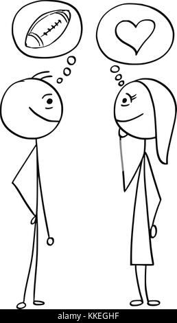 Cartoon stick Mann Zeichnung Abbildung: Unterschied zwischen Mann und Frau sprechen über Fußball sport Ball und liebe herz Symbol. Stock Vektor