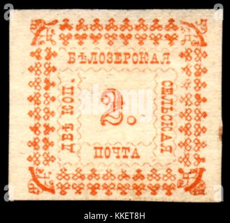 Dieser Stempel zeigt ein Bild in Bezug auf Bielozersk Zemstwos, das sich auf den Verwaltungsbezirk einer Region in Russland bezieht. Die Zemstwos waren während des Russischen Reiches lokale Regierungsstellen. Stockfoto