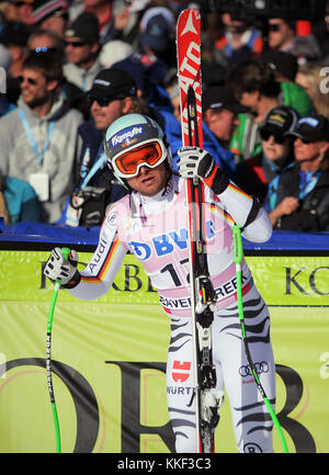 Beaver Creek, Colorado. Dezember 2, 2017. Dezember 2, 2017: Deutschlands, Andreas Sander Nr. 12, nach seinem Abschluss der Downhill Konkurrenz während der FIS Audi Greifvögel Wm, Beaver Creek, Colorado. Stockfoto