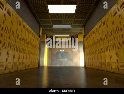 Der Blick in einem schwach beleuchteten heruntergekommen Schulen Flur von gelben Schließfächer - 3D-Rendering Stockfoto