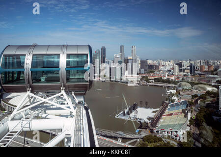 Tagsüber geschossen von der Marina Bay in Singapur, von der Singapur Flyer Rad genommen zeigt die Skyline von Singapur und ein pod auf dem Flyer Stockfoto