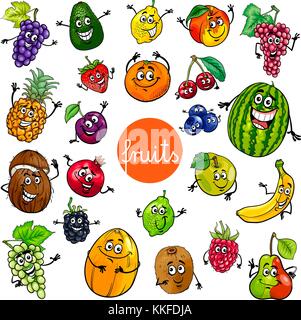 Comic Cartoon Illustration der Früchte essen Zeichen grosser Satz Stock Vektor