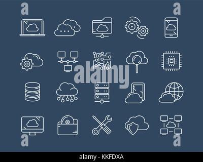 Cloud omputing. Internet Technologie. Online Services. Daten, Informationen Sicherheit.. dünne Linie blau Web Icon Set. Überblick icons Collection. Vector Illustration. Stock Vektor