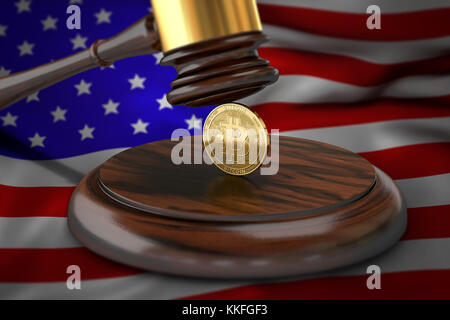 Bitcoin und Richter Hammer Festlegung auf die Flagge der USA. Bitcoin rechtliche Situation in den USA. 3D-Rendering Stockfoto