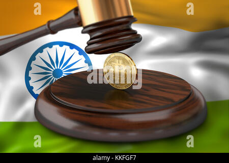 Bitcoin und Richter Hammer Festlegung auf Flagge von Indien. Bitcoin rechtliche Situation in Indien Konzept. 3D-Rendering Stockfoto