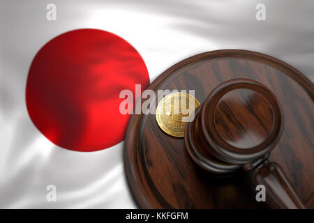 Bitcoin und Richter Hammer Festlegung auf Flagge von Japan. Bitcoin rechtliche Situation in Japan Konzept. 3D-Rendering Stockfoto