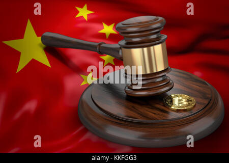 Bitcoin und Richter Hammer Festlegung auf Flagge von China. Bitcoin rechtliche Situation in China Konzept. 3D-Rendering Stockfoto