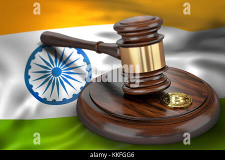 Bitcoin und Richter Hammer Festlegung auf Flagge von Indien. Bitcoin rechtliche Situation in Indien Konzept. 3D-Rendering Stockfoto