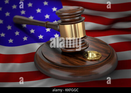 Bitcoin und Richter Hammer Festlegung auf die Flagge der USA. Bitcoin rechtliche Situation in den USA. 3D-Rendering Stockfoto