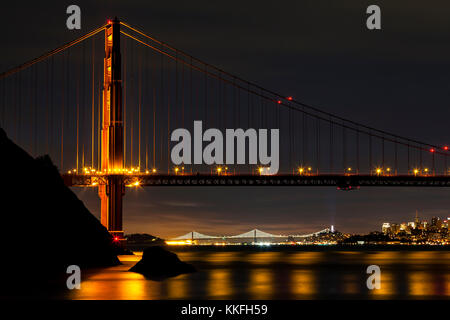 North Tower auf die Golden Gate Bridge in den Stunden der Morgendämmerung mit der Bay Bridge und San Francisco im Hintergrund. Stockfoto