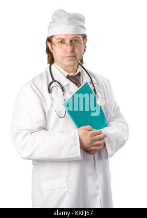 Portrait von zuversichtlich leitender Arzt auf weißem Hintergrund Stockfoto