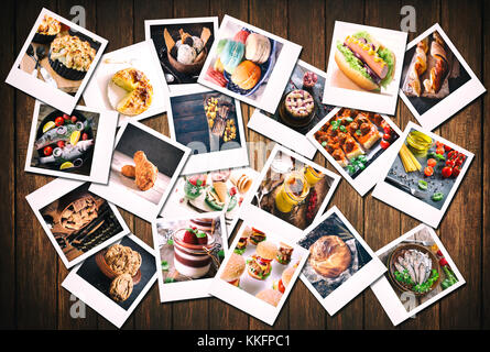 Große Gruppe von leeren alten Kamera Filme mit Essen Fotos auf Holz- Hintergrund Stockfoto