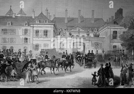 Ankunft des Kaisers Napoleon III. und die kaiserlichen Prinzen in Metz am Abend des 28. Juli, Frankreich, deutsch-französischen Krieg 1870/71, Krieg oder der deutsch-französische Krieg, Krieg von 1870, ein Konflikt zwischen dem Zweiten Kaiserreich Napoleons III. und der deutschen Staaten von den Norddeutschen Bund führte durch das Königreich Preußen, Digital verbesserte Reproduktion eines original Holzschnitt Stockfoto