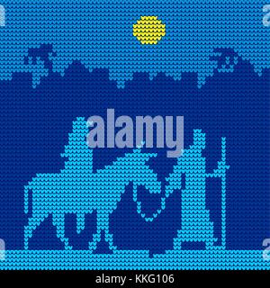 Strickmuster. Josef und Maria sind auf einem Esel. Weihnachten Szene. Nacht, Bethlehem. Stock Vektor