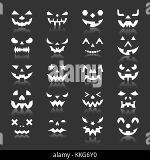 Halloween Gesicht Icon Set. Kürbis weiße Silhouette mit Reflexion. Monochrome flache Design symbol Collection. Einfache grafische Piktogramm pack. Web, Baner Stock Vektor