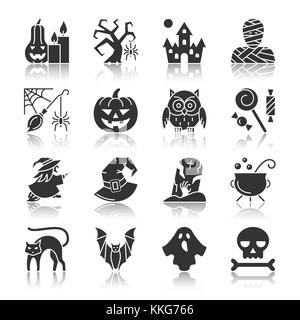 Halloween schwarze Silhouette mit Reflexion Icon Set. Monochrome flache Design symbol Collection. Einfache grafische Piktogramm pack. Web, Karte, Party, tag, p Stock Vektor