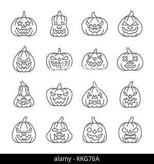 Halloween Kürbis mit Carving Gesicht thin line Icon Set. Vector Linear symbol Pack. Umrisse Zeichen ohne füllen. Editierbare Schlaganfall. Einfache Piktogramm graphi Stock Vektor