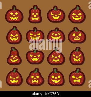 Carving Gesicht Halloween Kürbis Symbol Sticker Set. Flat Style Farbe Abzeichen für Web Banner, Emblem, Logo. Sammlung für Print, tag, Label, poste Stock Vektor