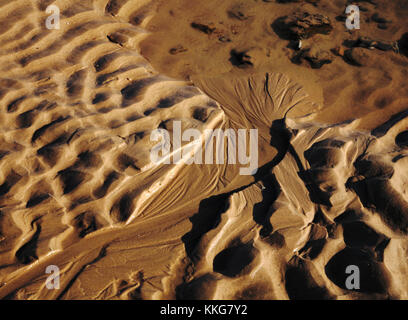 Muster im Sand zeigten sich bei Ebbe an einem North Norfolk Strand in East Runton, Norfolk, England, Großbritannien. Stockfoto