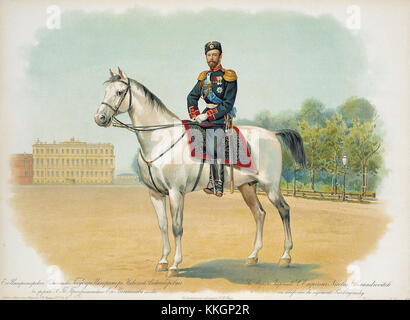 Nikolaus II., der letzte Zar Russlands, wird in der Uniform des Preobraschenski-Garderegiments dargestellt, einer Eliteeinheit der russischen Kaiserlichen Armee. Seine Herrschaft und schließlich seine Abdankung markierten das Ende der Romanov-Dynastie und des Russischen Reiches. Stockfoto