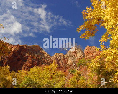 Der Zion Canyon, der vom Emerald Pools Trailhead im Zion National Park aus gesehen wird, ist bekannt für seine atemberaubenden Felsformationen und seine natürliche Schönheit. Der Canyon ist ein beliebtes Wanderziel für Besucher des Parks. Stockfoto