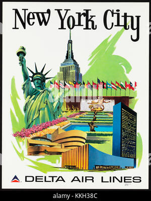 Eine Werbung für Delta Airlines aus den 1960er Jahren, in der Vintage-Werbematerial aus den Werbekampagnen der Fluggesellschaft während dieser Zeit präsentiert wird. Stockfoto