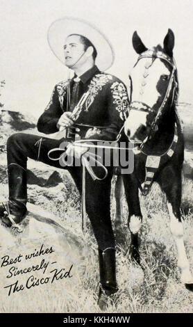 Ein Schwarzweiß-Foto aus den 1950er Jahren mit den beliebten Western-Charakteren Cisco Kid und Diablo. Dieses Bild zeigt eine Szene aus der ikonischen Fernsehshow, die die Kultur westlicher Medien während dieser Zeit repräsentiert. Stockfoto