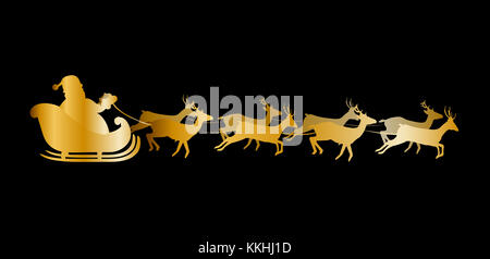 Vector Illustration von Santa ridinf in einem Schlitten mit Rentieren. Goldene Silhouette von Santa fliegen in Schlitten isoliert auf schwarzen Hintergrund. Design für C Stockfoto