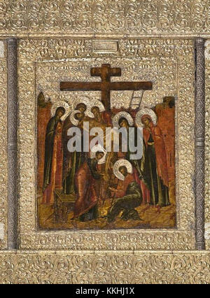 „III. Abstieg vom Kreuz“ ist wahrscheinlich eine religiöse oder künstlerische Darstellung, die sich auf eine Szene aus der Passion Christi bezieht, die den Moment zeigt, in dem Christus vom Kreuz genommen wird. Stockfoto