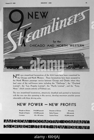 Die Alco CNW Class E-4 Lokomotiven waren eine Reihe leistungsstarker dieselelektrischer Motoren, die von der Chicago and North Western Railway verwendet wurden. Diese Lokomotiven waren Mitte des 20. Jahrhunderts für ihre Zuverlässigkeit und Effizienz im Personenverkehr bekannt. Stockfoto