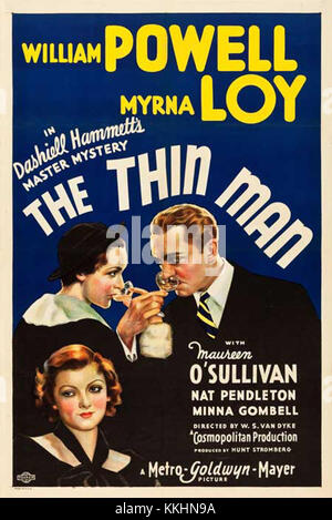 The Thin man (1934) ist ein US-amerikanischer Film Noir mit dem Detektivduo Nick und Nora Charles. Das Poster beleuchtet das geheimnisvolle Genre und die komödiantischen Elemente des Films und verbindet Spannung mit Humor. Stockfoto