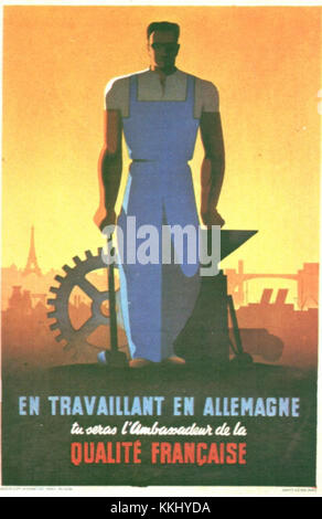 Propaganda war eine Form der Kriegsbotschaft, die während des Zweiten Weltkriegs verwendet wurde, um die Produktionsbemühungen im von Vichy kontrollierten Frankreich zu fördern. Die Propaganda zielte darauf ab, Arbeiter zu inspirieren und die Kriegsanstrengungen zu unterstützen. Stockfoto