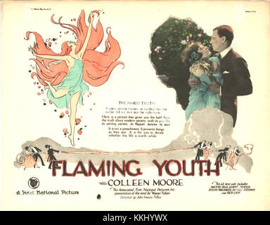 Die Flaming Youth Lobbykarte bezieht sich auf ein Werbebild, das für den Stummfilm Flaming Youth aus dem Jahr 1923 verwendet wurde. Die Karte zeigt in der Regel wichtige Szenen oder Schauspieler aus dem Film, um das Interesse des Publikums zu wecken. Stockfoto
