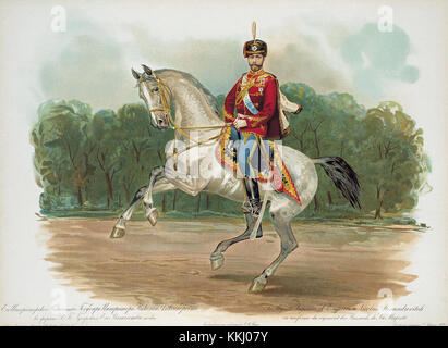 Nikolaus II. Von Russland ist in der Uniform des Husaren-Regiments der Rettungswache dargestellt, was seinen königlichen und militärischen Status widerspiegelt. Dieses Bild unterstreicht seine Rolle als letzter Kaiser Russlands und seine Beteiligung am russischen Militär. Stockfoto