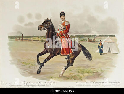 Dieses Bild zeigt Zar Nikolaus II. Von Russland in der Uniform der Kaiserlichen Garde (Konvoi, seine Majestät), was seine Rolle als letzter Kaiser Russlands widerspiegelt. Die Uniform symbolisiert seine Position und die Größe des russischen monarchyâ. Stockfoto