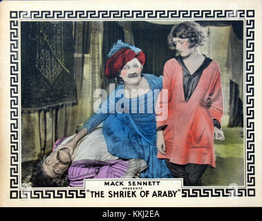 Die Lobbykarte „Shriek of Araby“ ist ein Vintage-Werbebild aus dem Stummfilm von 1923. Diese Karte zeigt wichtige Szenen und Schauspieler aus dem Film und bietet einen Einblick in die Filmfördertechniken des frühen 20. Jahrhunderts. Stockfoto