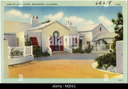 Die Heimat des Schauspielers Gary Cooper in Brentwood, Kalifornien, repräsentiert den Lebensstil der goldenen Ära Hollywoods. Cooper, ein gefeierter amerikanischer Filmstar, lebte in diesem luxuriösen Anwesen und spiegelt seinen Erfolg in der Filmindustrie Mitte des 20. Jahrhunderts wider. Stockfoto
