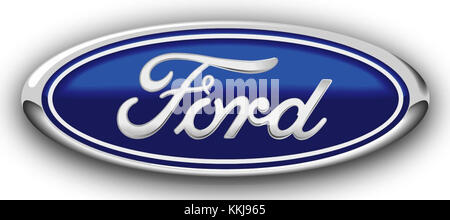 Das Ford-Logo von 1976 repräsentiert das Markenzeichen und die Identität der Ford Motor Company in diesem Jahr und spiegelt die damalige Automobilkultur und -Geschichte wider. Stockfoto