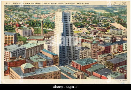 Ein Blick aus der Vogelperspektive auf das erste Central Trust Building in Akron, Ohio. Dieses ikonische Gebäude, ein Wahrzeichen in Akron, zeigt das architektonische Erbe und die urbane Landschaft von cityÂ. Stockfoto