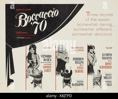 Boccaccio 70 ist ein italienischer Anthologiefilm aus dem Jahr 1962 mit vier Kurzgeschichten, die auf Boccaccios Arbeit basieren. Das Filmplakat unterstreicht die ikonische visuelle Attraktivität des Films und fängt die Essenz des italienischen Kinos in den 1960er Jahren ein Stockfoto