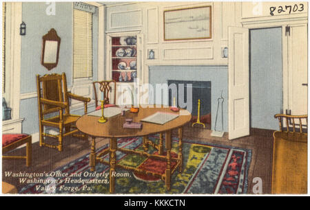Dieses Bild zeigt Washingtons Büro und den geordneten Raum im Hauptquartier Washingtons in Valley Forge, Pennsylvania. Diese historische Stätte war während des Amerikanischen Unabhängigkeitskrieges von entscheidender Bedeutung und diente im Winter von 1777 bis 1778 als Hauptquartier von General George Washington. Stockfoto
